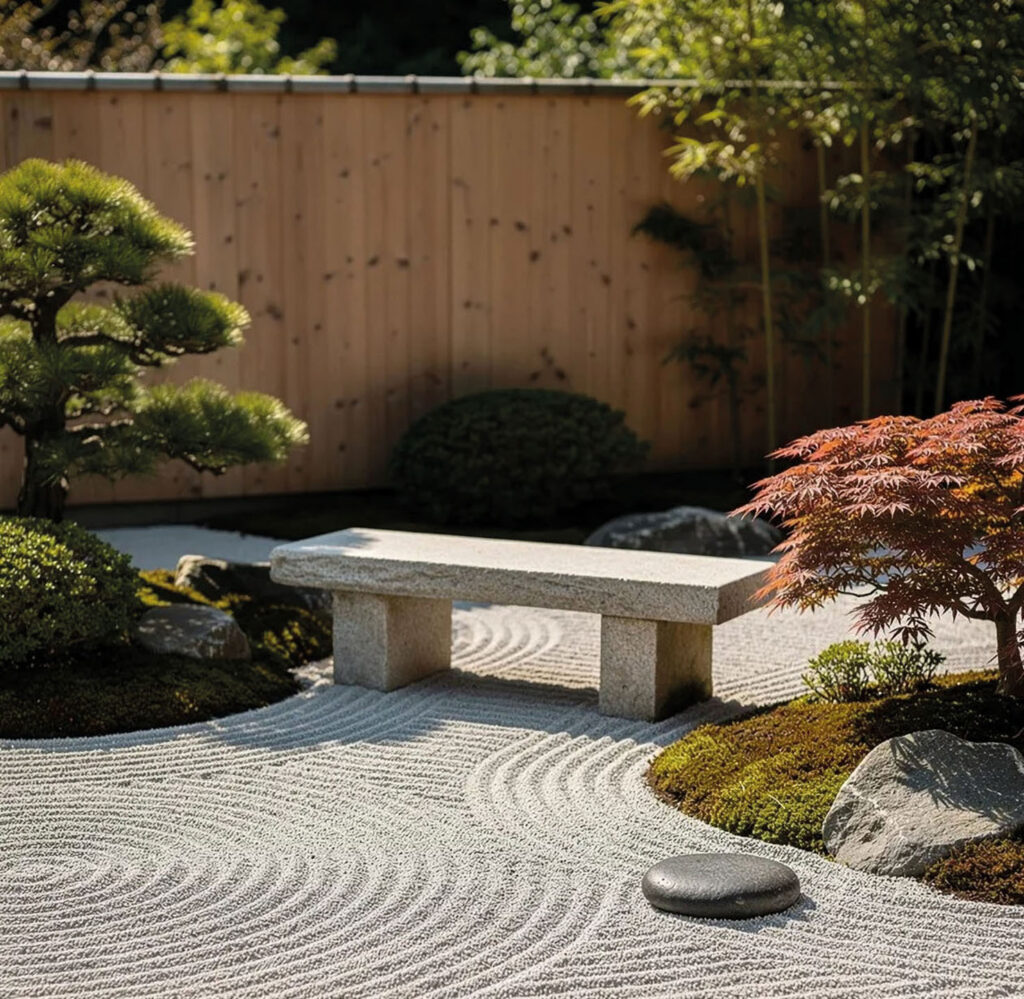 Outdoor photo of a meditation garden with raked gravel zen garden