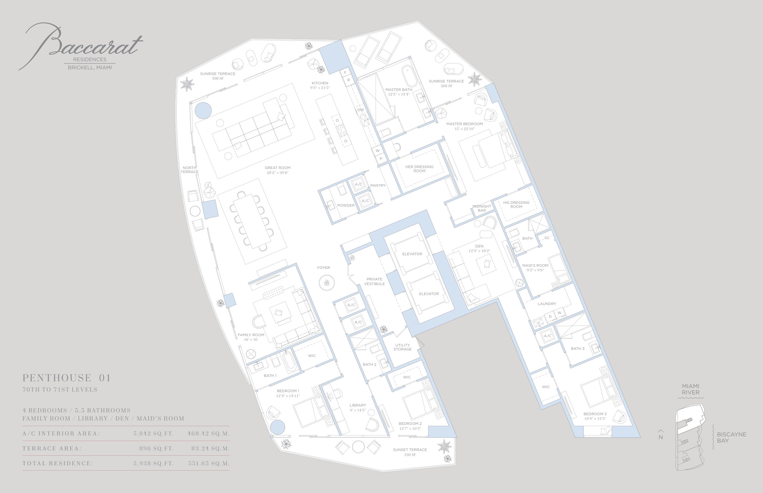 Baccarat Penthouse 01 floor plan — 4 Bed · 5.5 Bath · 5,938 SF