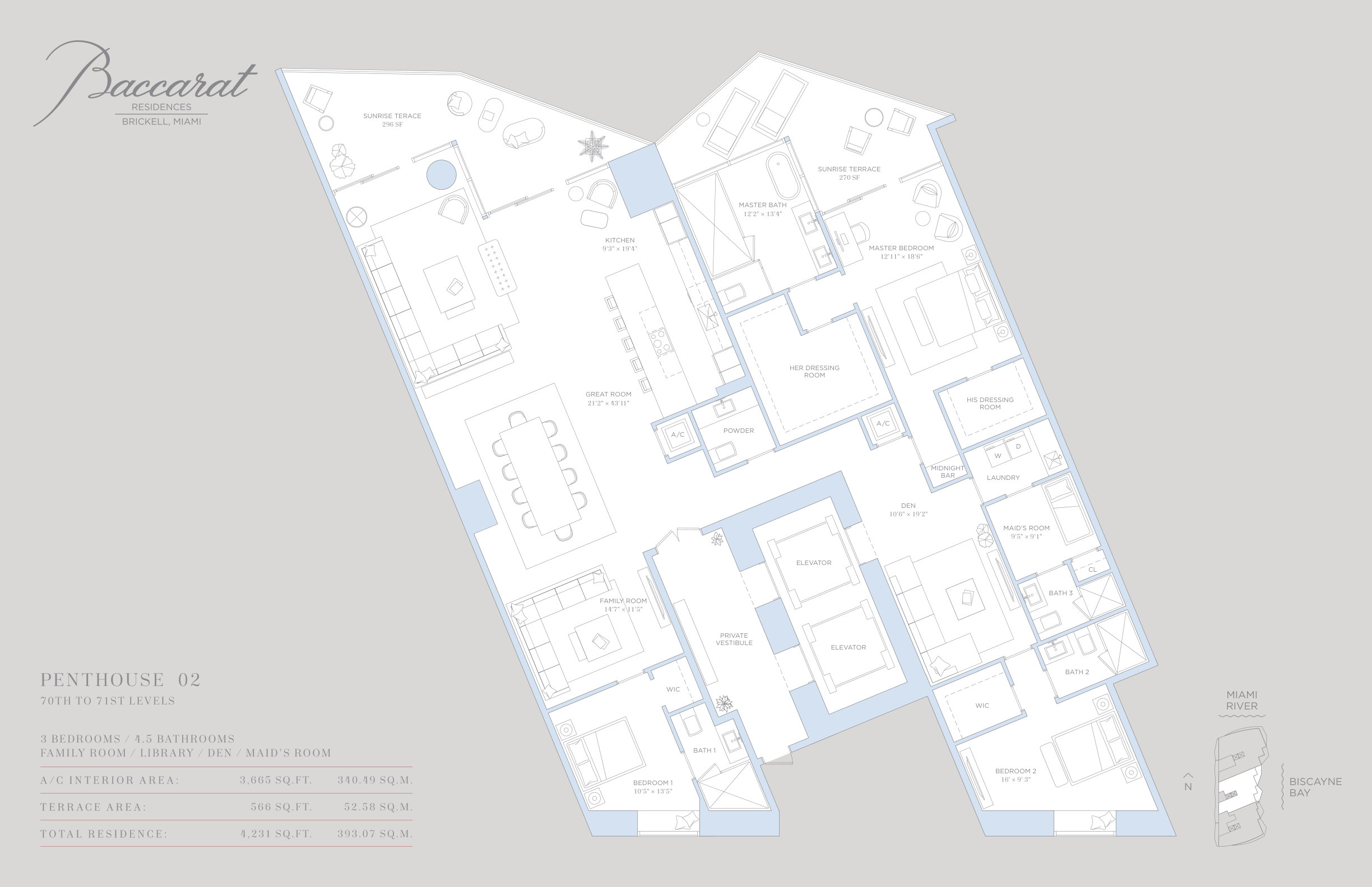 Baccarat Penthouse 02 floor plan — 3 Bed · 4.5 Bath · 4,231 SF