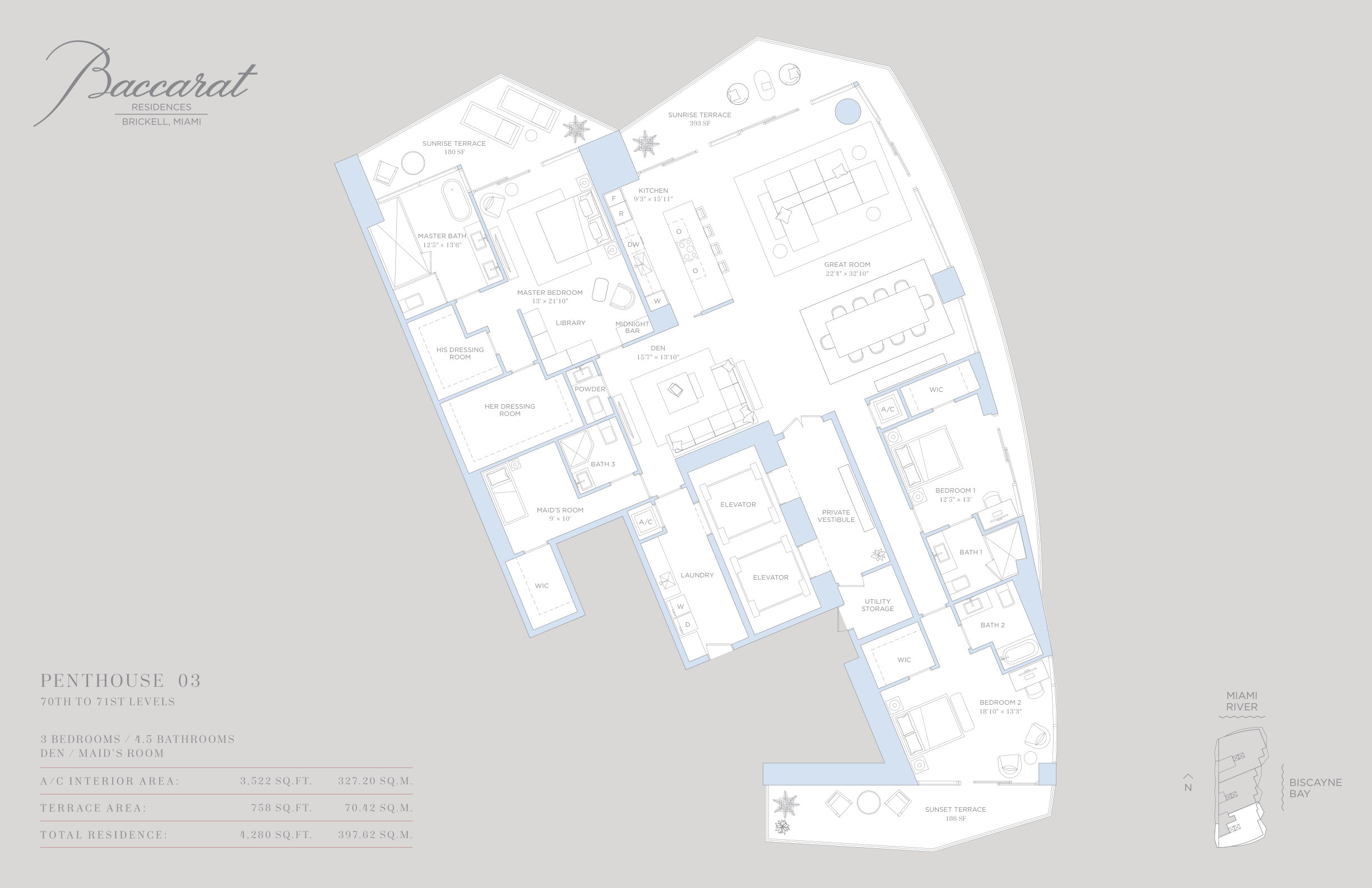 Baccarat Penthouse 03 floor plan — 3 Bed · 4.5 Bath · 4,280 SF
