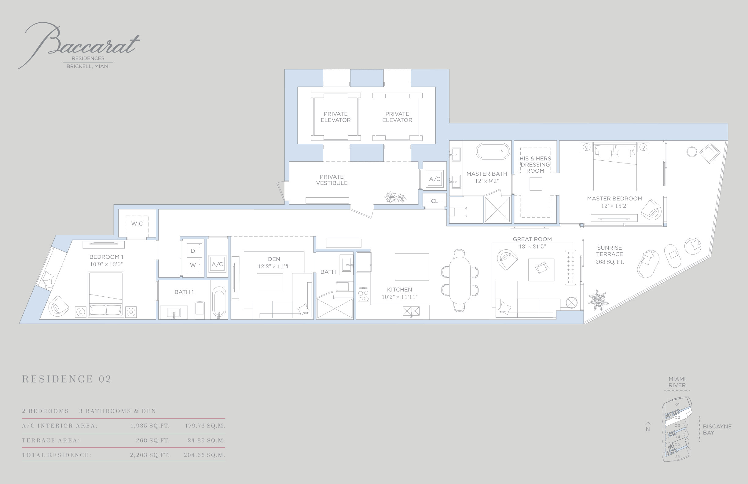 Baccarat Residence 02 floor plan — 2 Bed · 3 Bath · 2,203 SF