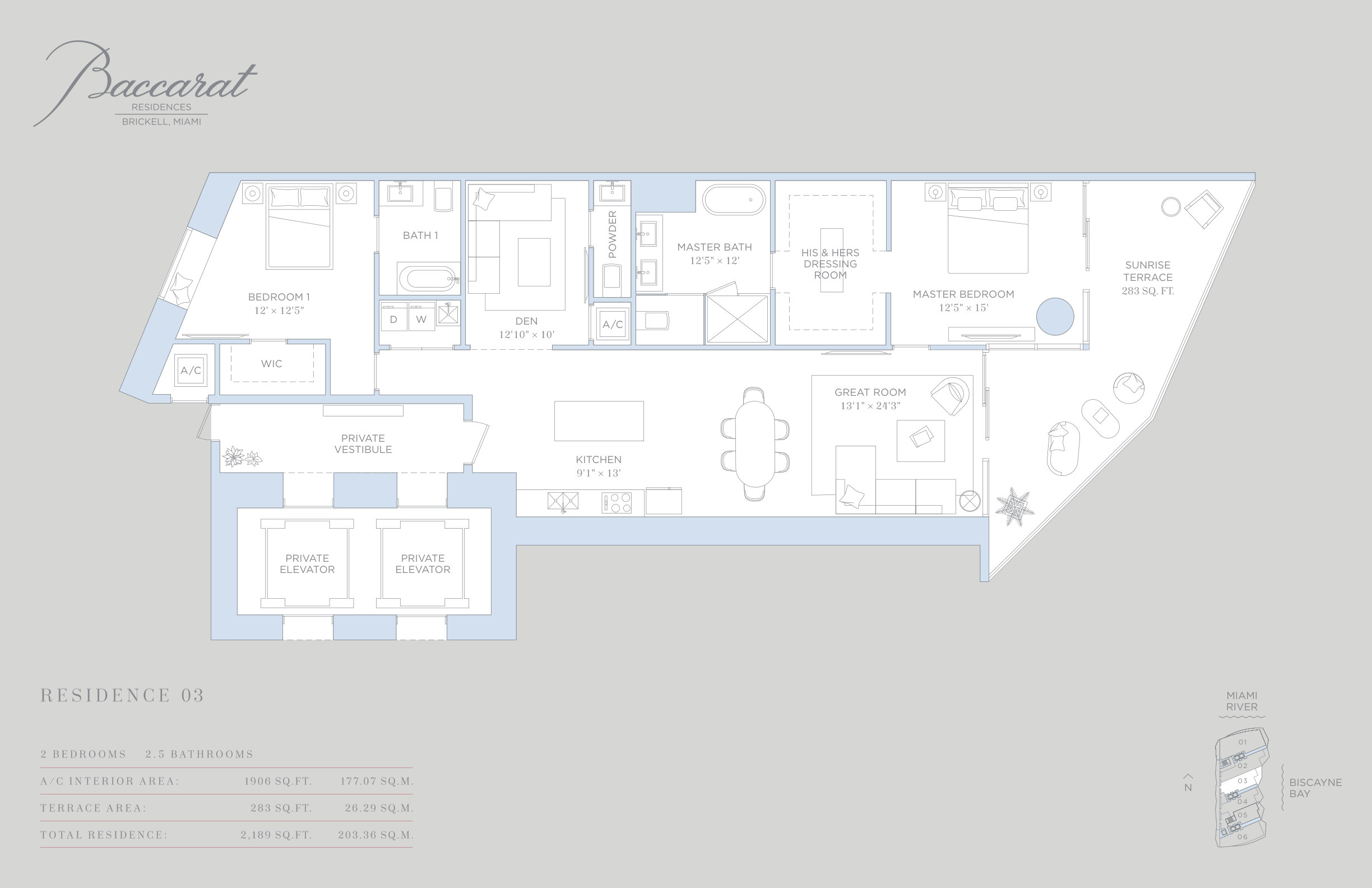 Baccarat Residence 03 floor plan — 2 Bed · 2.5 Bath · 2,189 SF