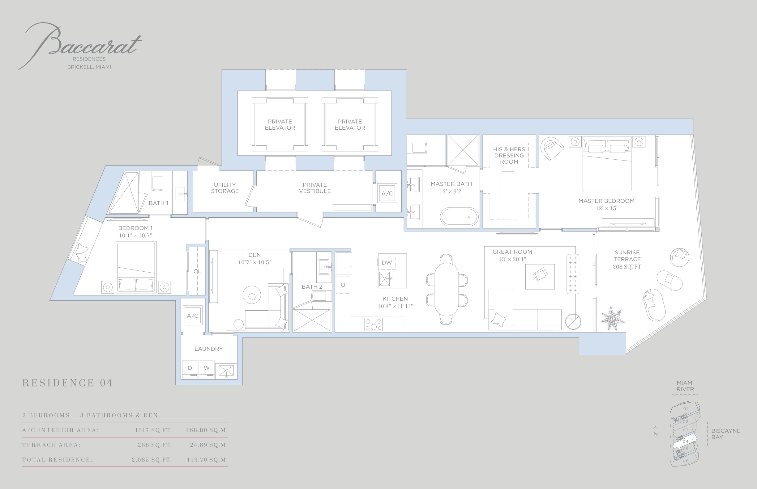 Baccarat Residence 04 floor plan — 2 Bed · 3 Bath · 2,085 SF