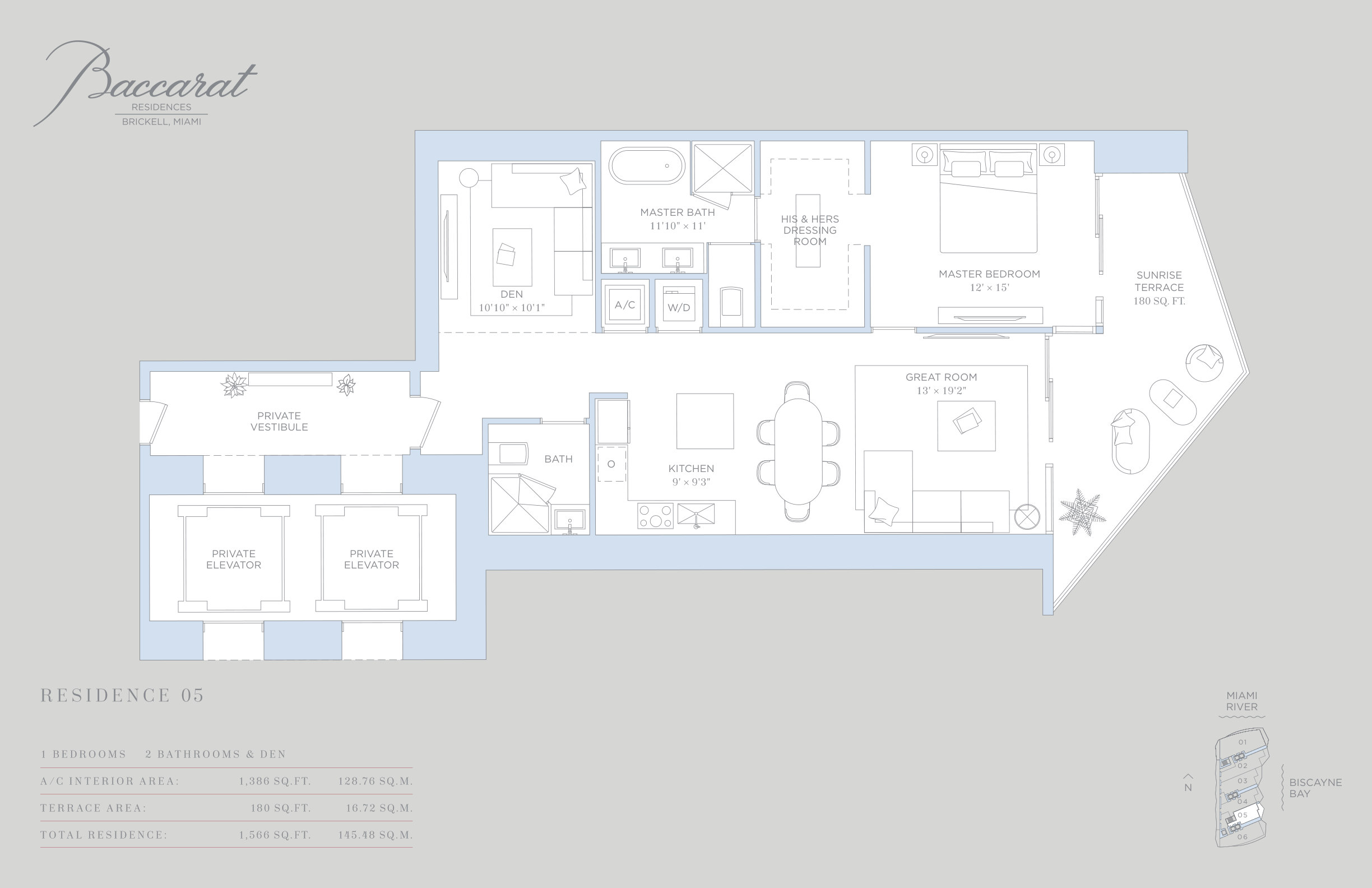 Baccarat Residence 05 floor plan — 1 Bed · 2 Bath · 1,566 SF