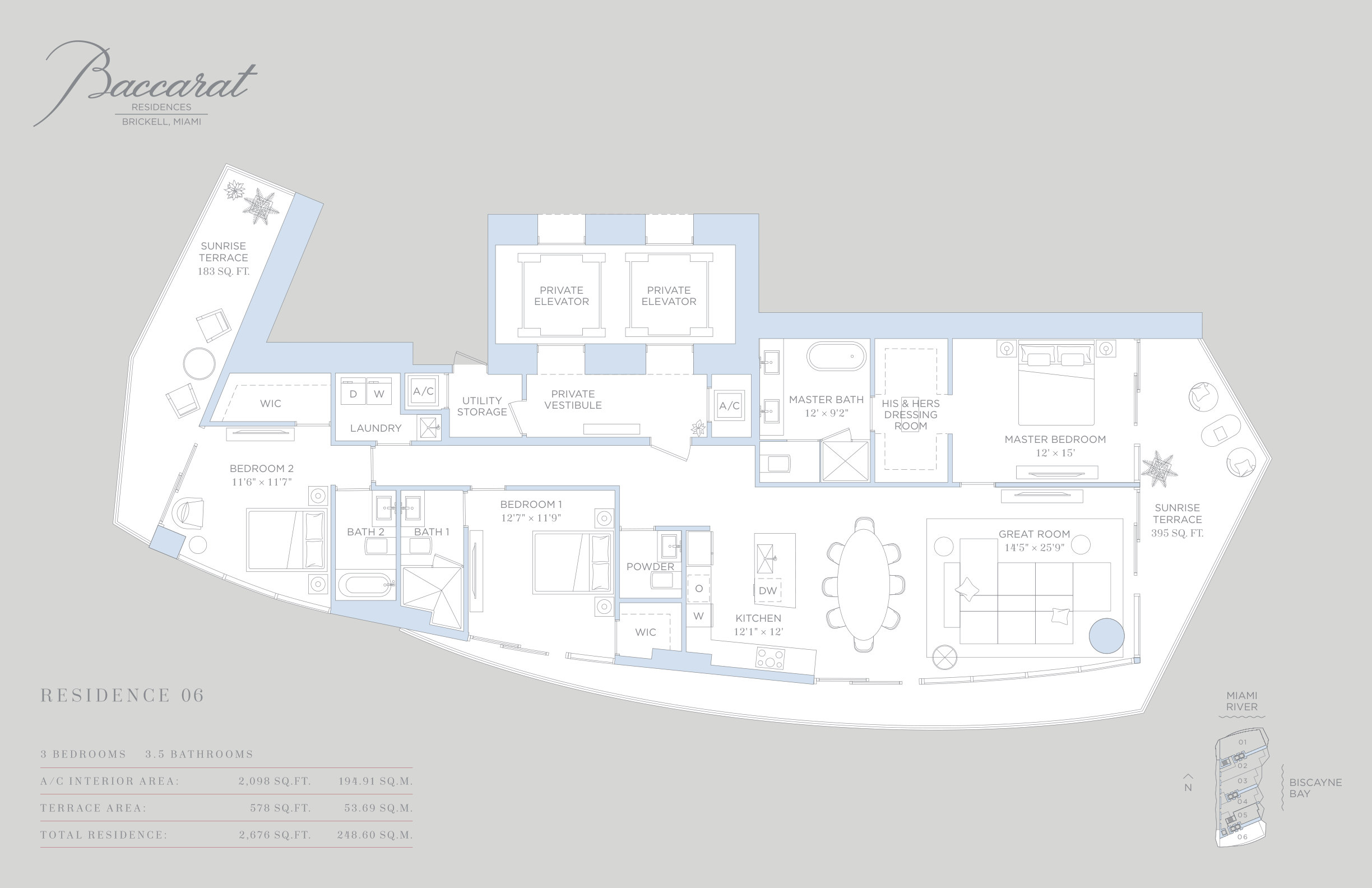 Baccarat Residence 06 floor plan — 3 Bed · 3.5 Bath · 2,688 SF