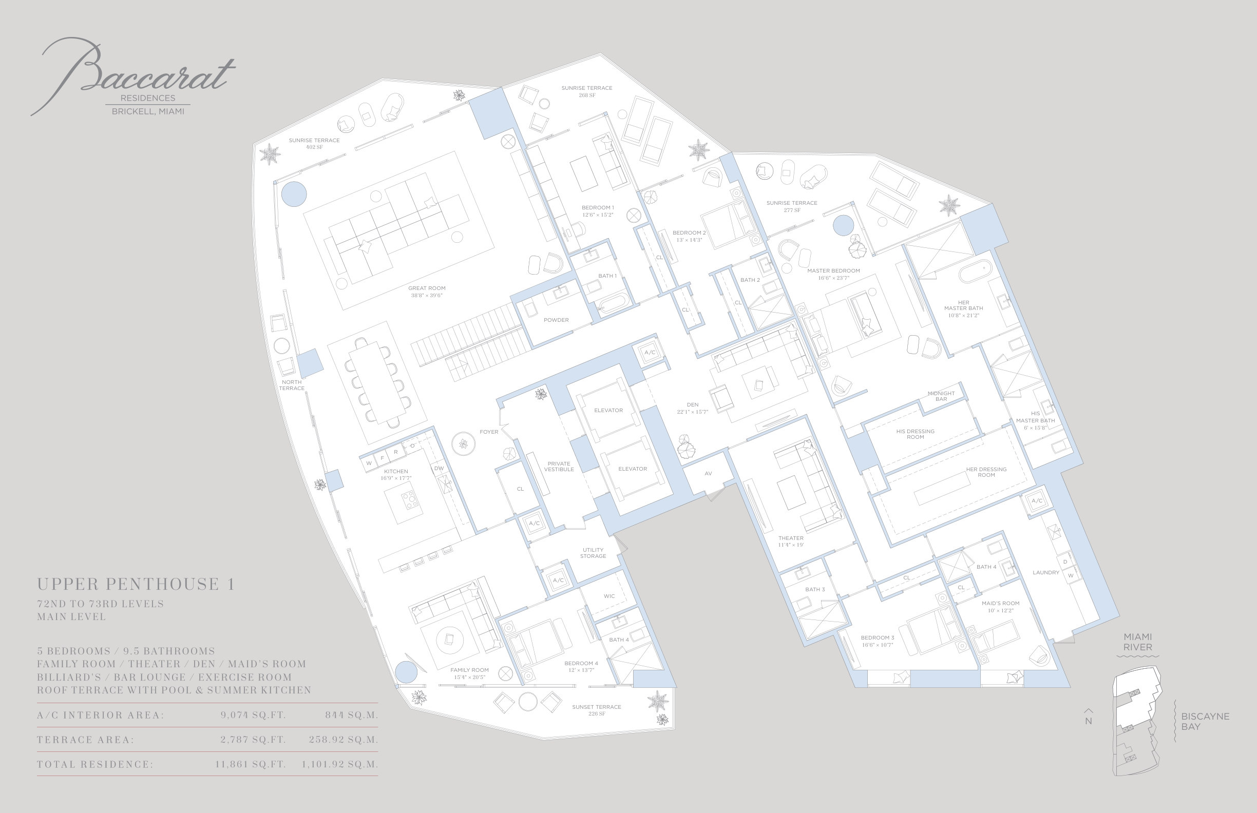 Baccarat Upper Penthouse 1 floor plan — 5 Bed · 9.5 Bath · 11,861 SF