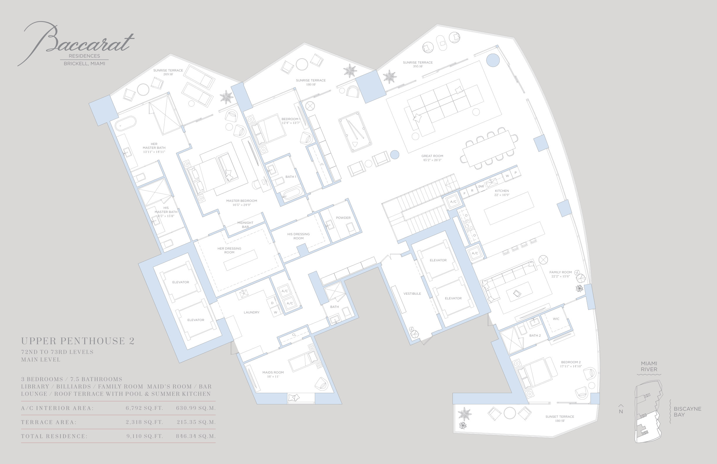 Baccarat Upper Penthouse 2 floor plan — 3 Bed · 7.5 Bath · 9,110 SF