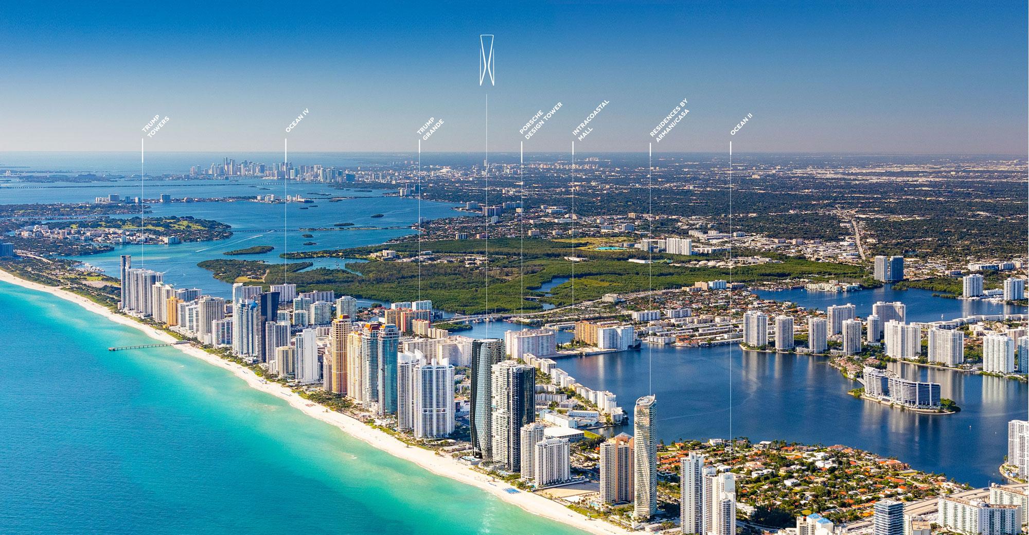 A map of the skyscraper buildings along Sunny Isles Beach, Florida