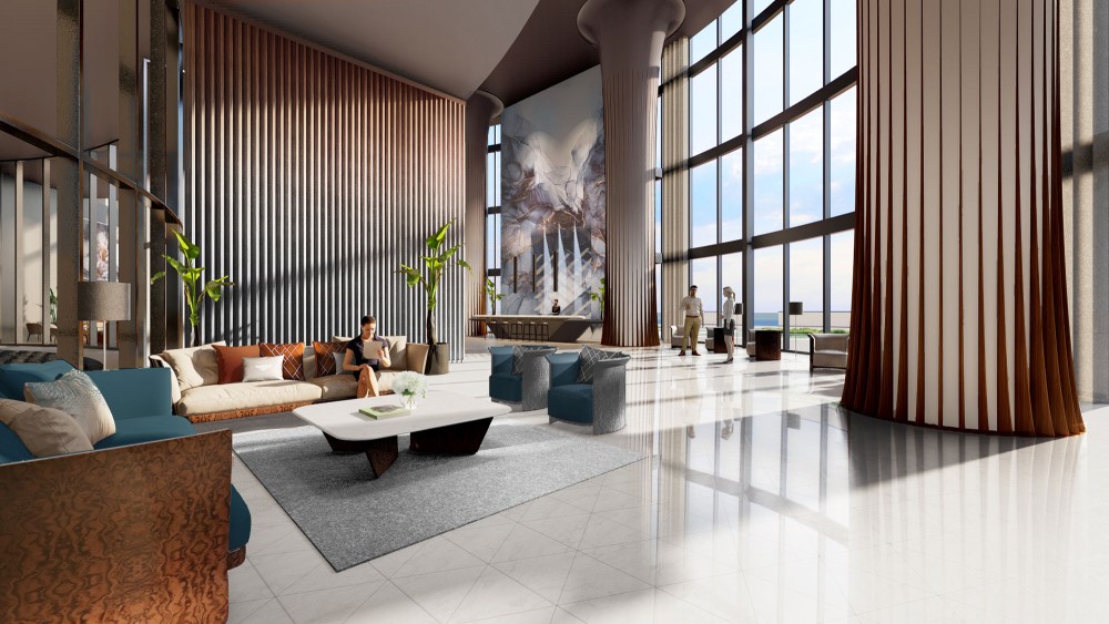 An exquisite building lobby with dramatic ceilings and windows