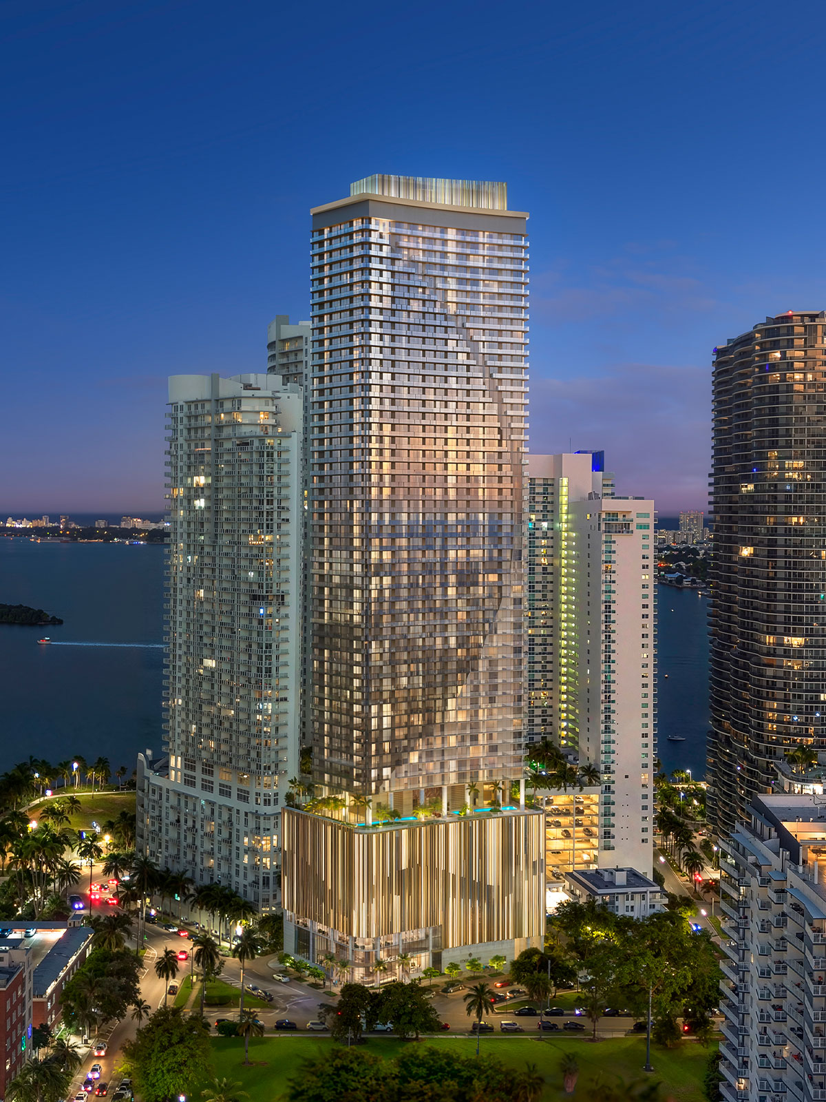 Rendering of Edge House Miami’s newly approved 55-story turnkey residential tower in Edgewater, featuring modern architecture, lush landscaping, and waterfront urban surroundings.