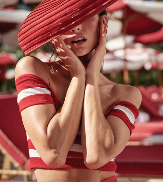 woman posing in red outfit