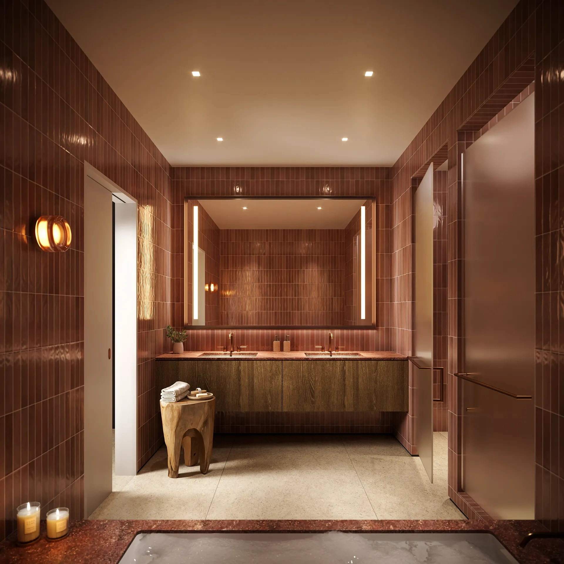 <h3>Soak in the Ambiance</h3>
<p>The bathroom design in both palettes pairs modern vertical tilework with floating cabinetry, generous bathtubs, and metal accents for a magnificent, spa-like atmosphere.&nbsp;</p>