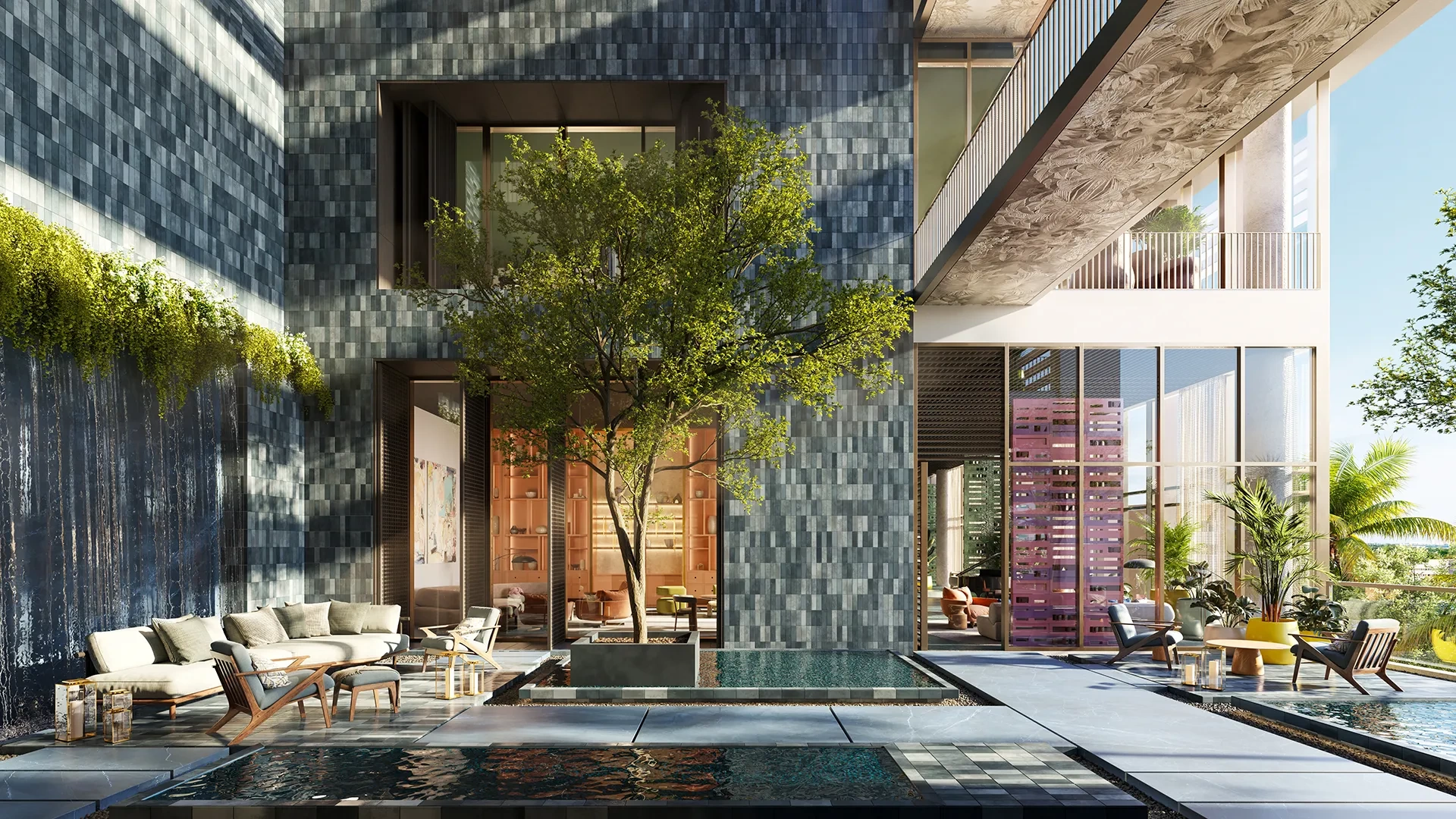 <h3>Lush Courtyard Lounge</h3>
<p>The trees in the courtyard create a microclimate that helps filter the air and naturally lower the temperature.</p>