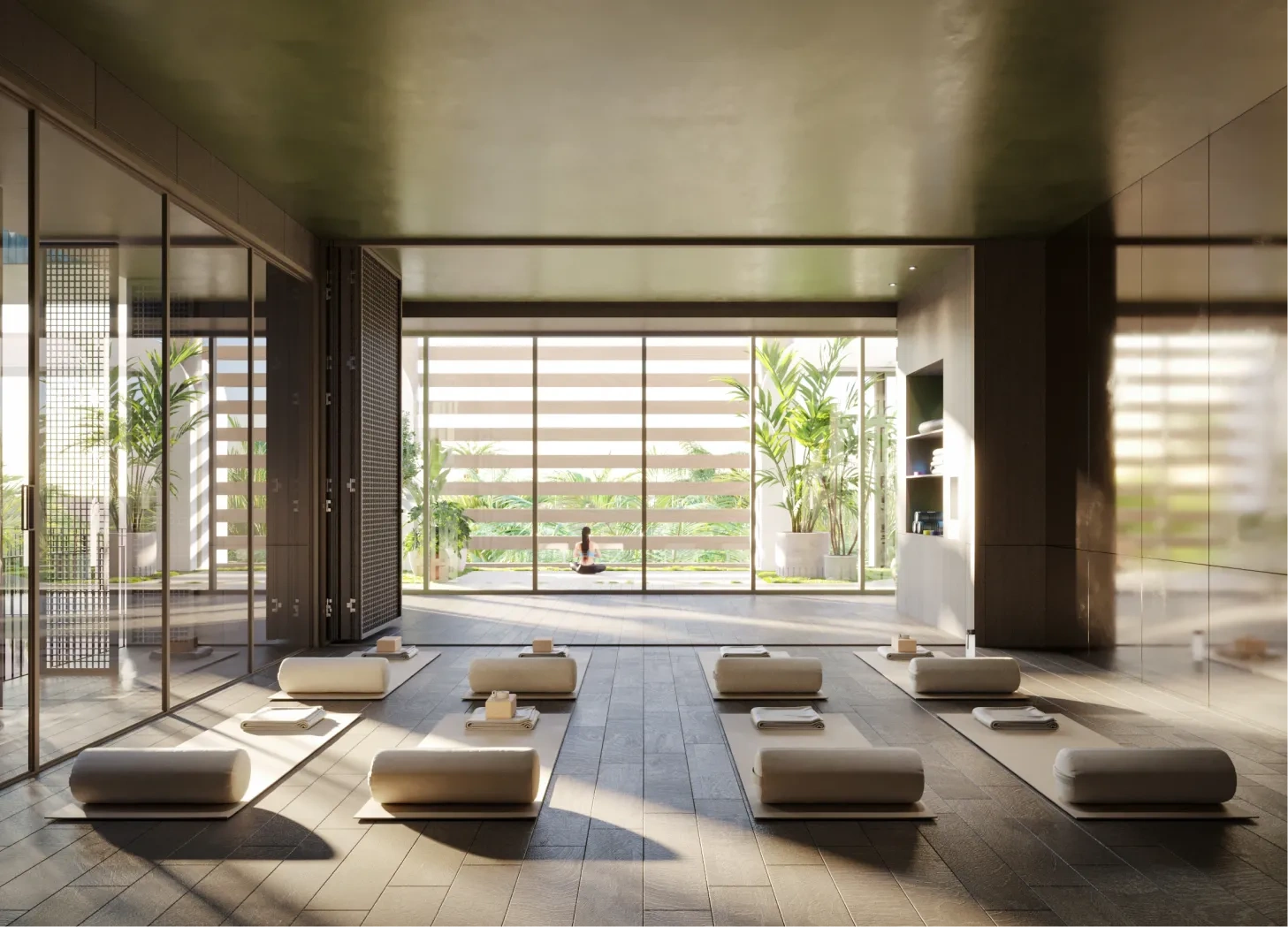 <h3>Home Stretch</h3>
<p>The yoga studio has a calming fern green 
and tropical coral palette, with serene, 
elegant lighting.</p>