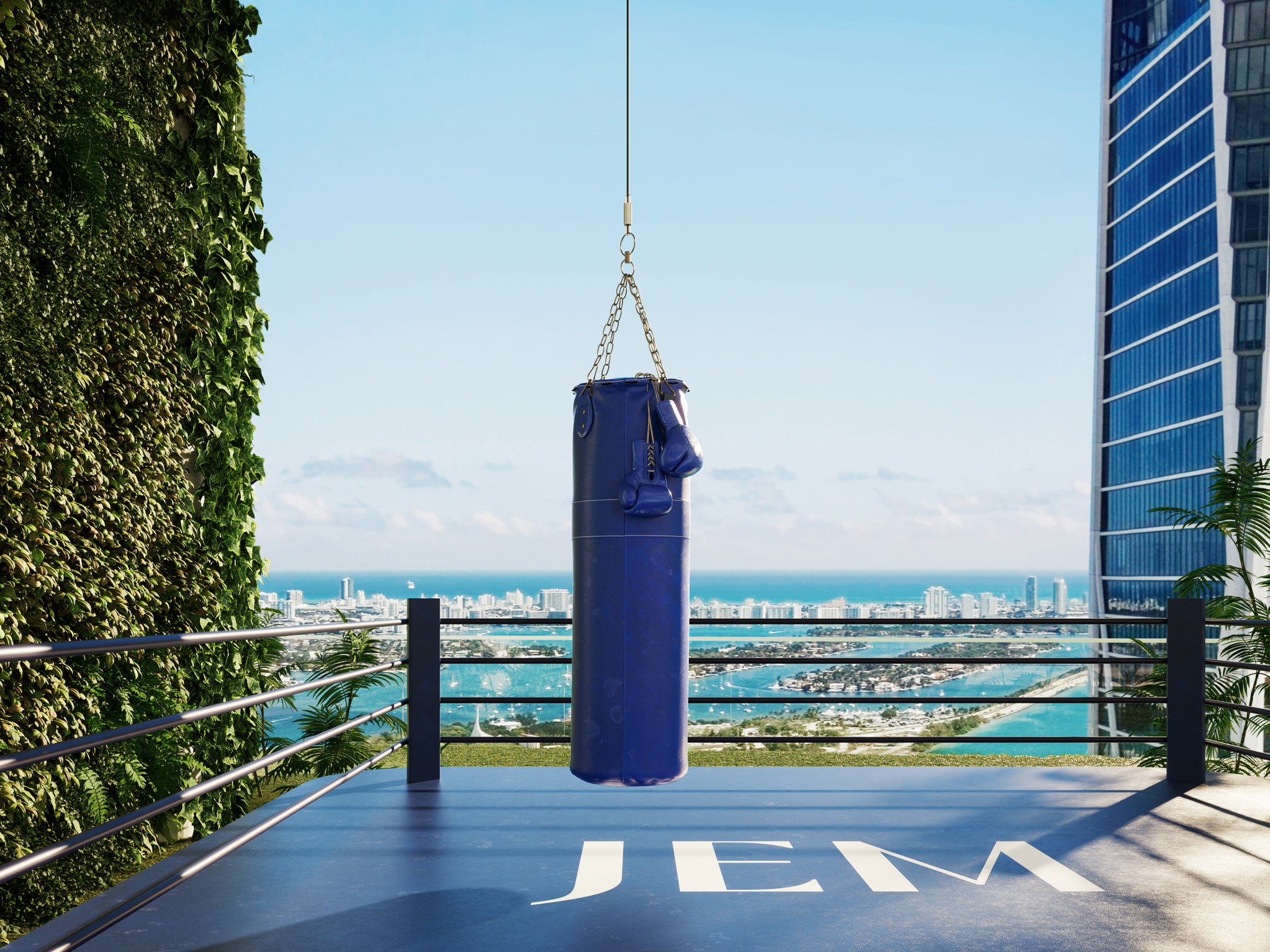 Punching bag on a rooftop terrace overlooking Miami cityscape in the background