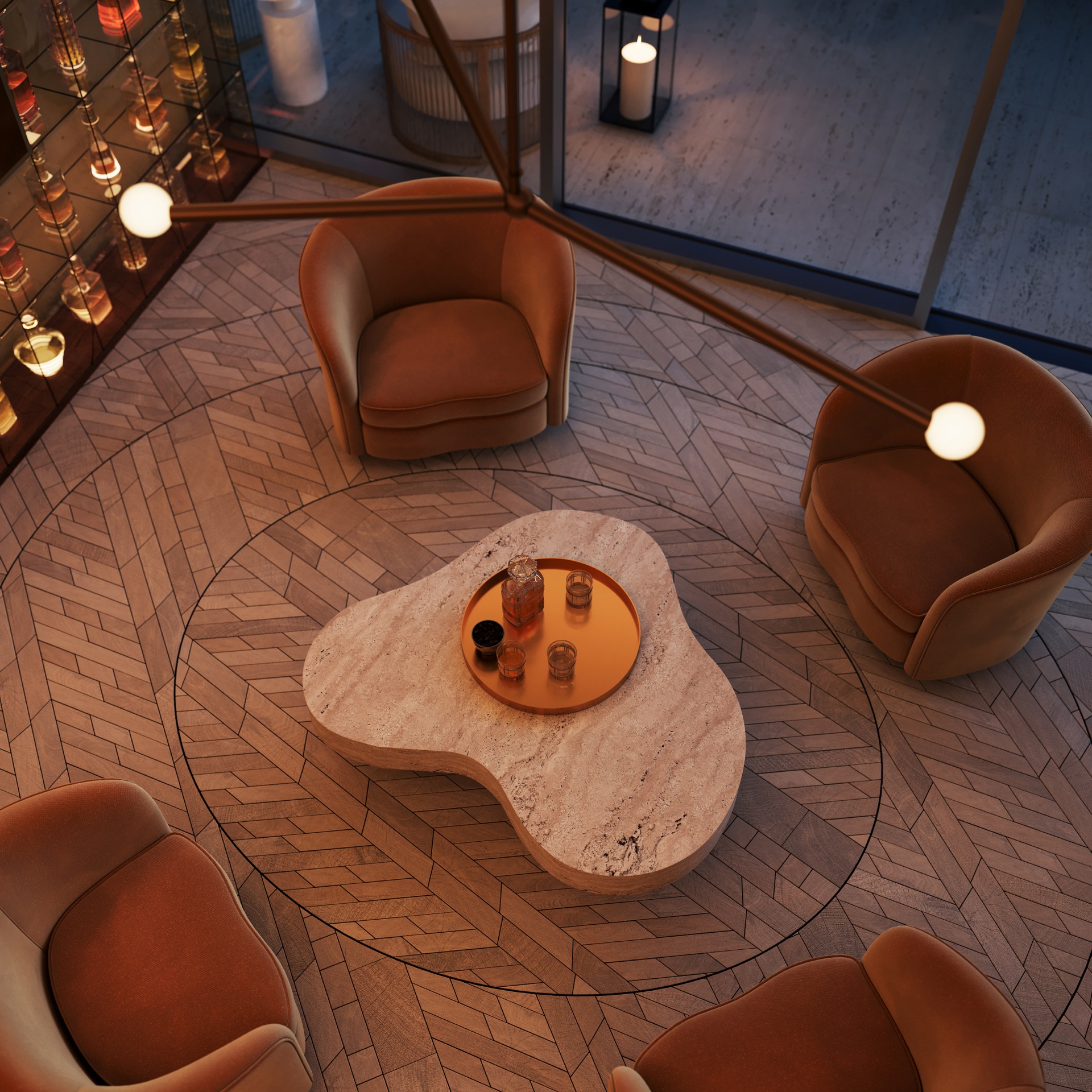 Overhead shot of the lounge area within the spirits tasting room