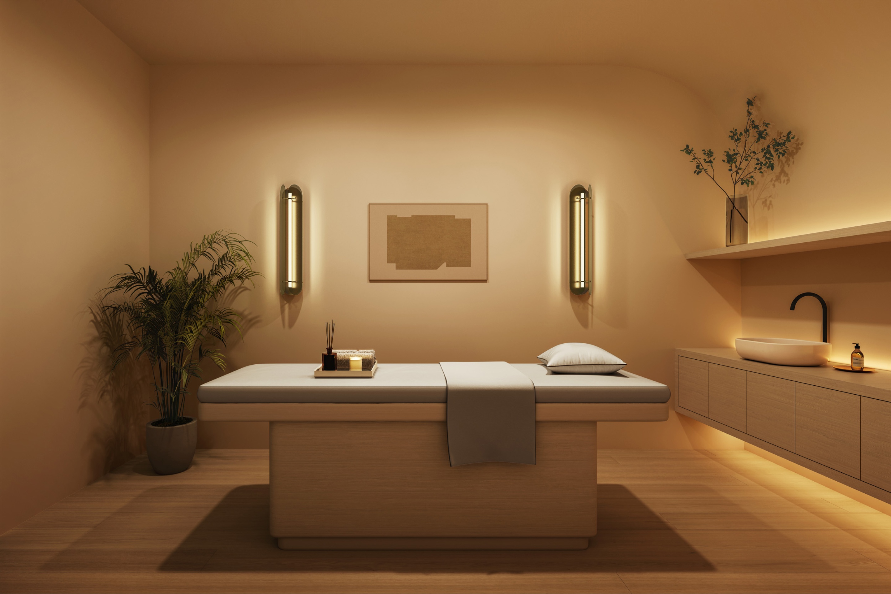 Elegant massage room with incense, lotions, and serene styling