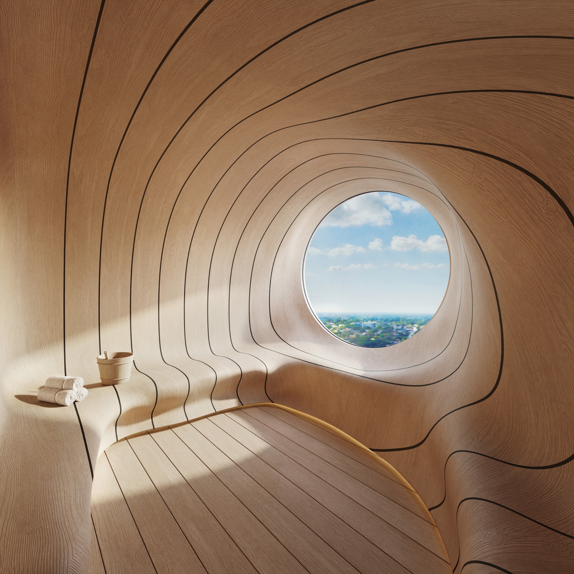 Circular spa room with view of Miami cities