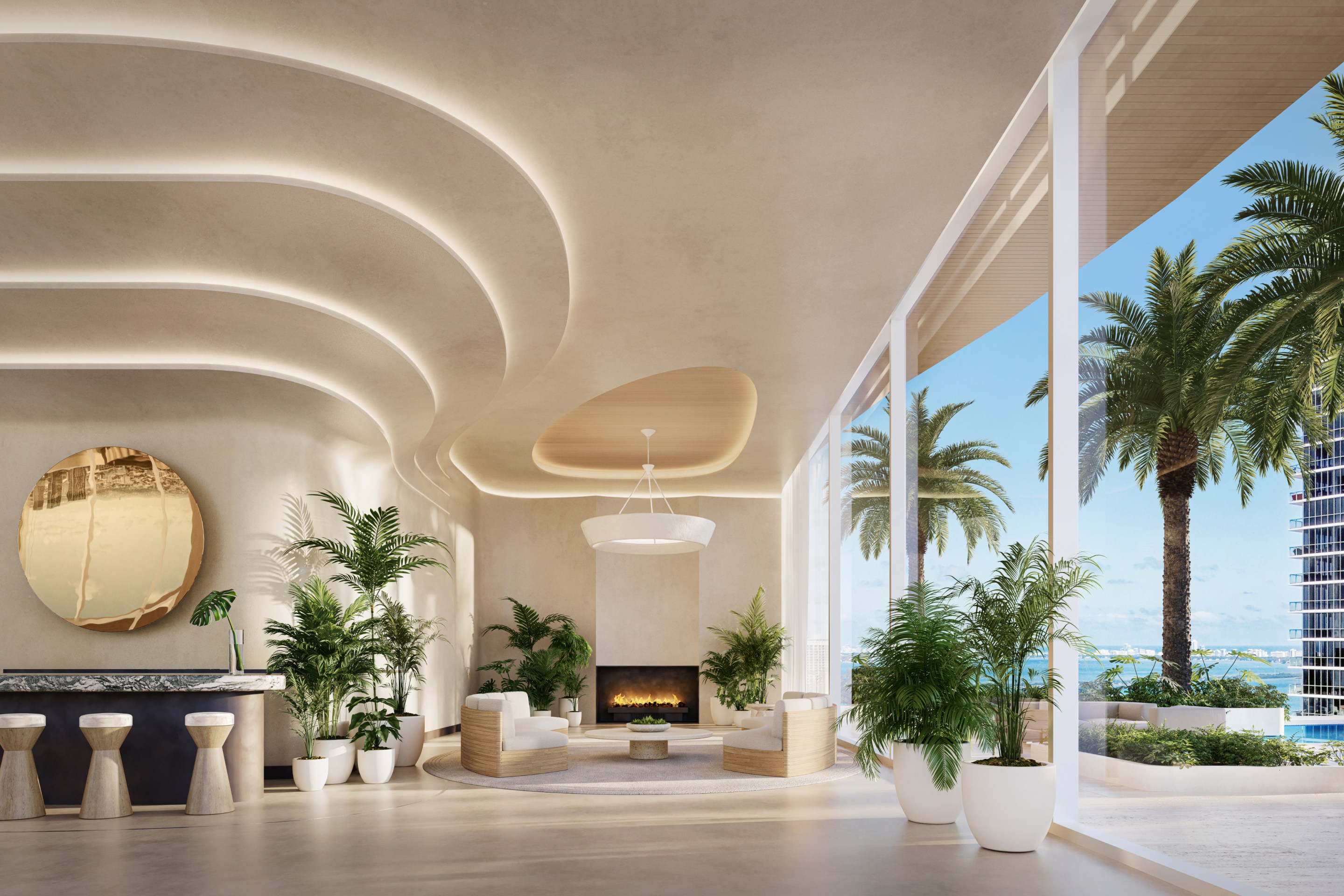 Sky Lounge merging the indoor and outdoor amenities with a sculpted fireplace and a signature plaster chandelier