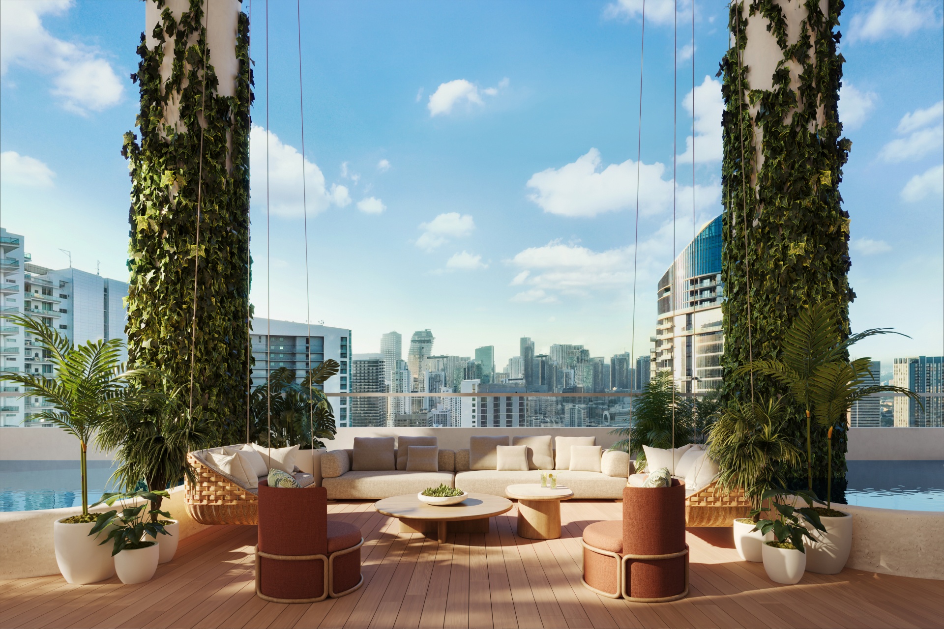 Luxury balcony view with modern outdoor furniture overlooking Miami's waterfront