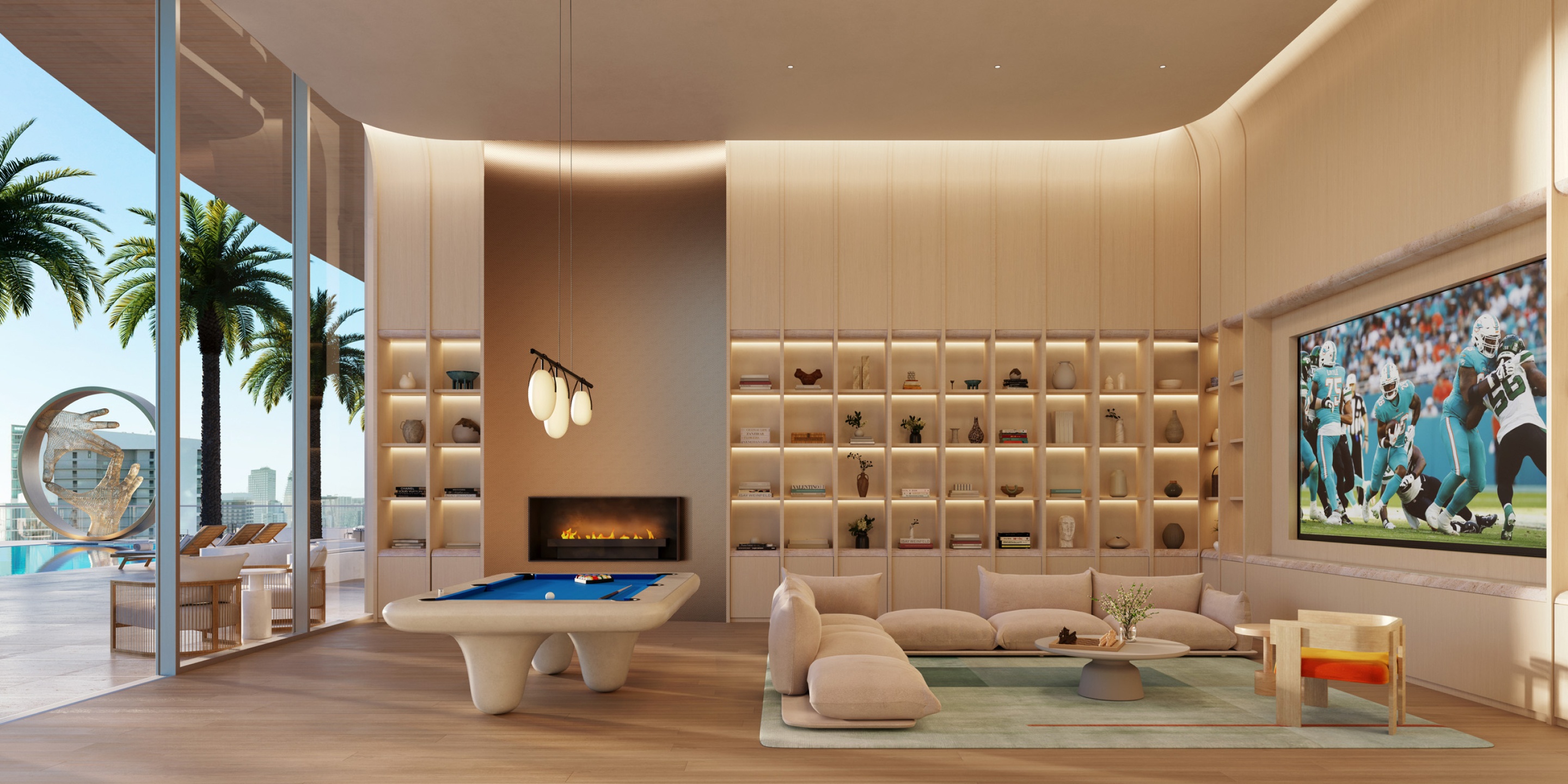 The game and entertainment lounge with a large screen for movies and sporting events with billiards table