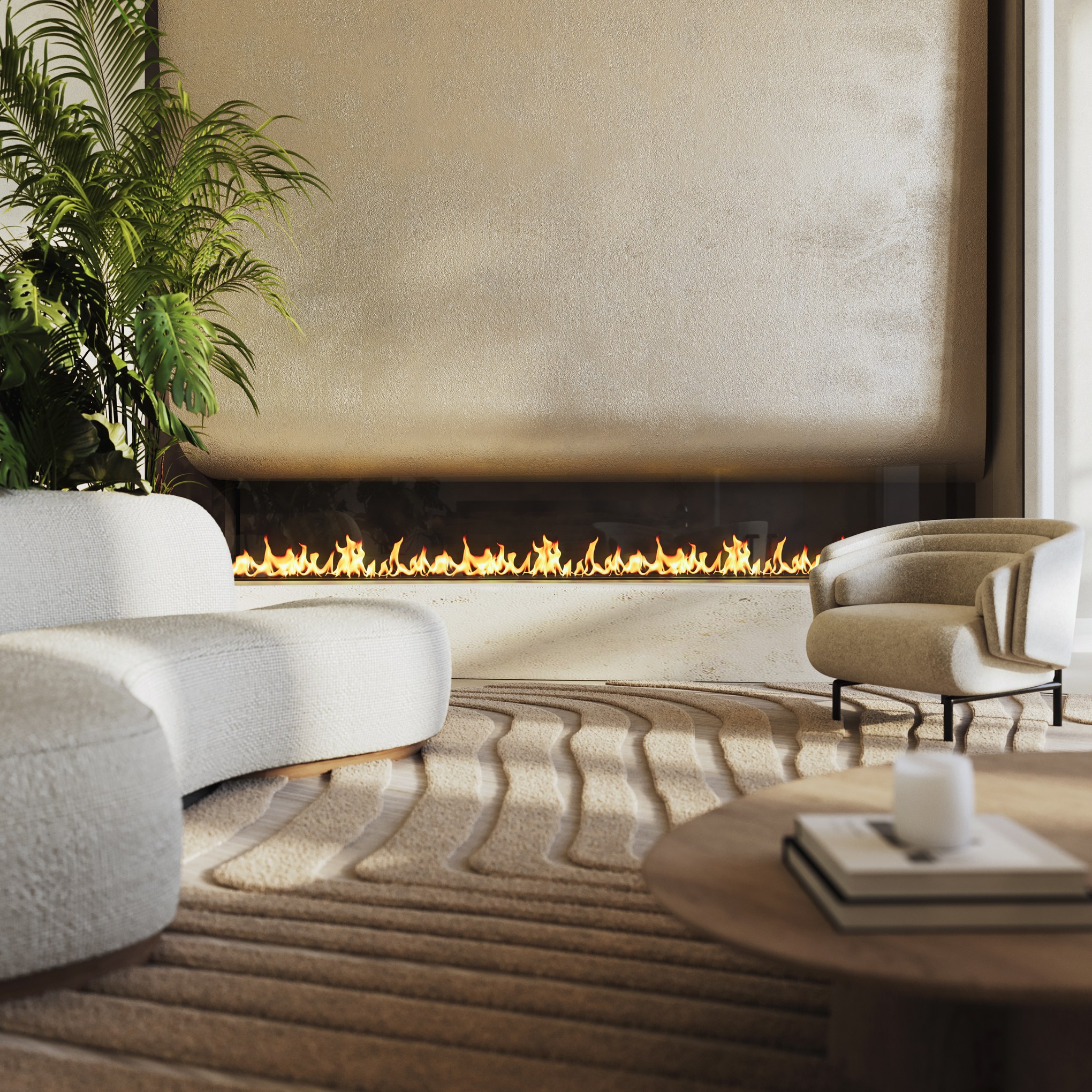 Beautifully appointed seating area in the lobby in front of a fireplace