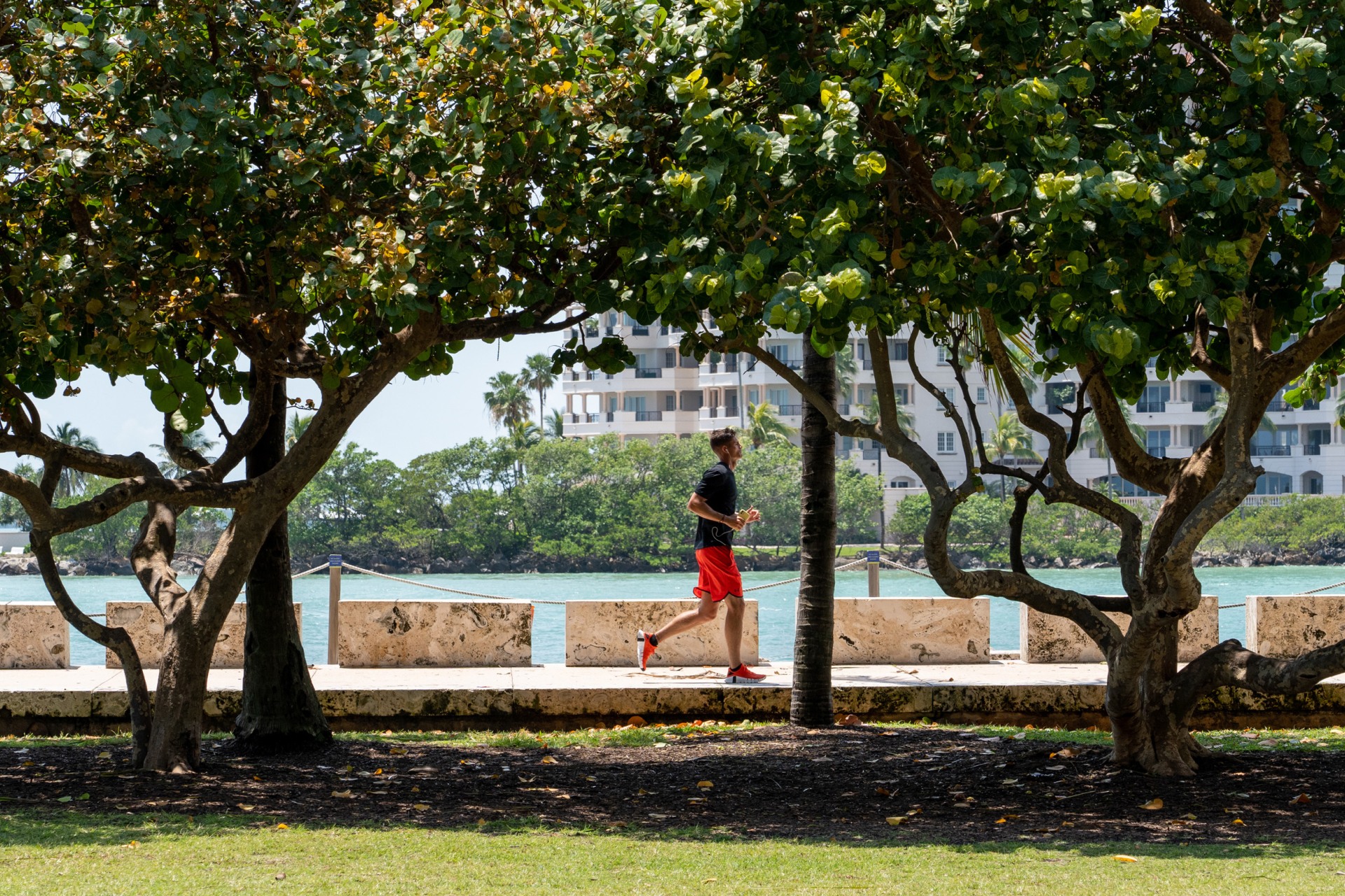 Man running near Atlantic Ocean with luxury buildings in the backdrop