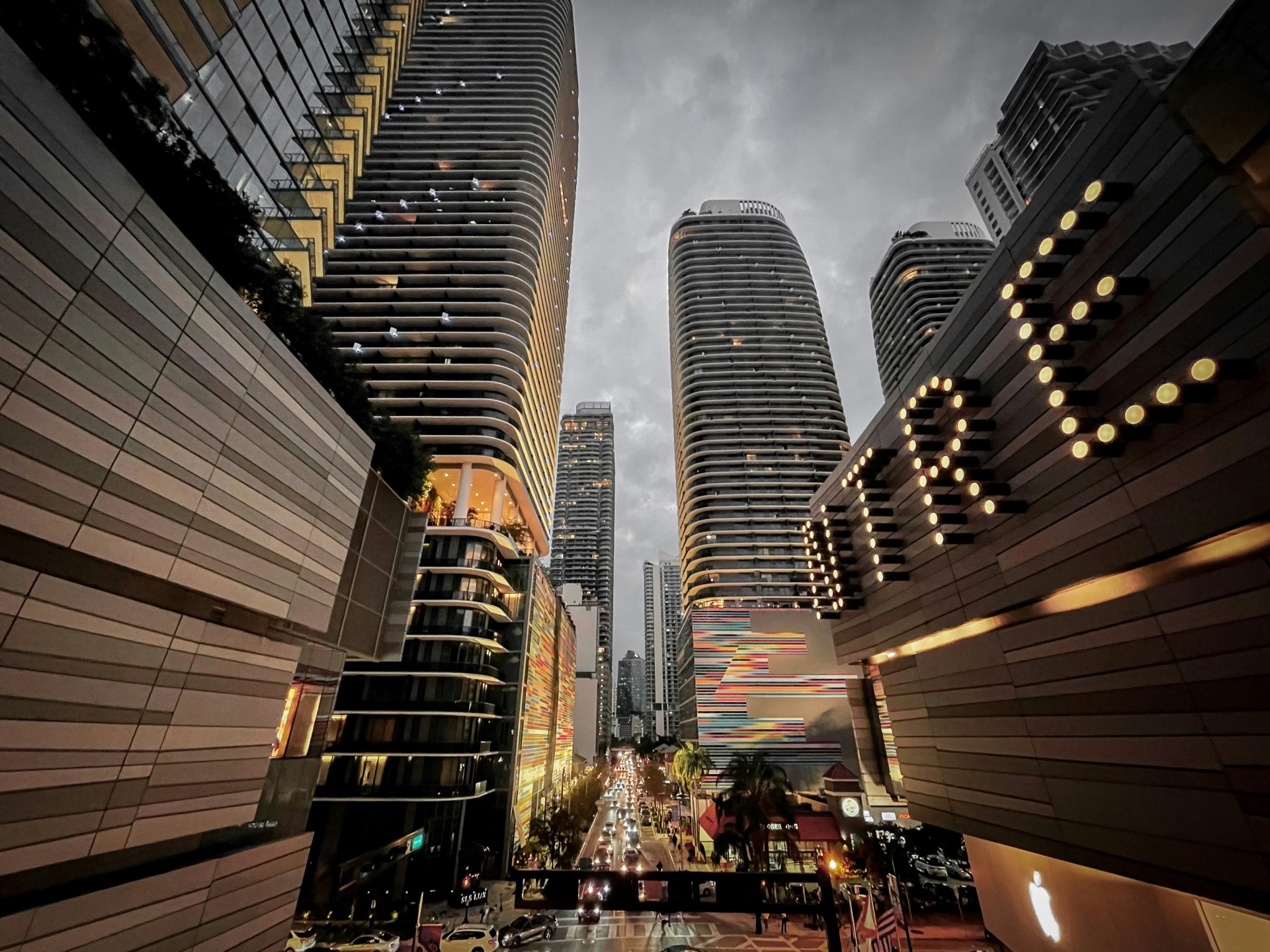 Row of downtown Miami skyscrapers during the night