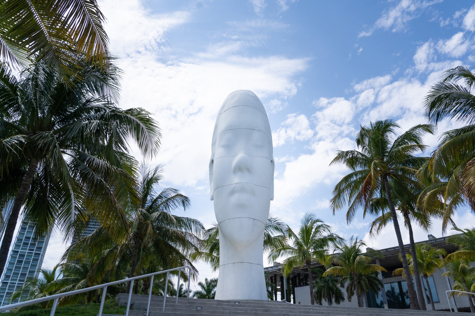 Tall white head statue in Bayfront Park