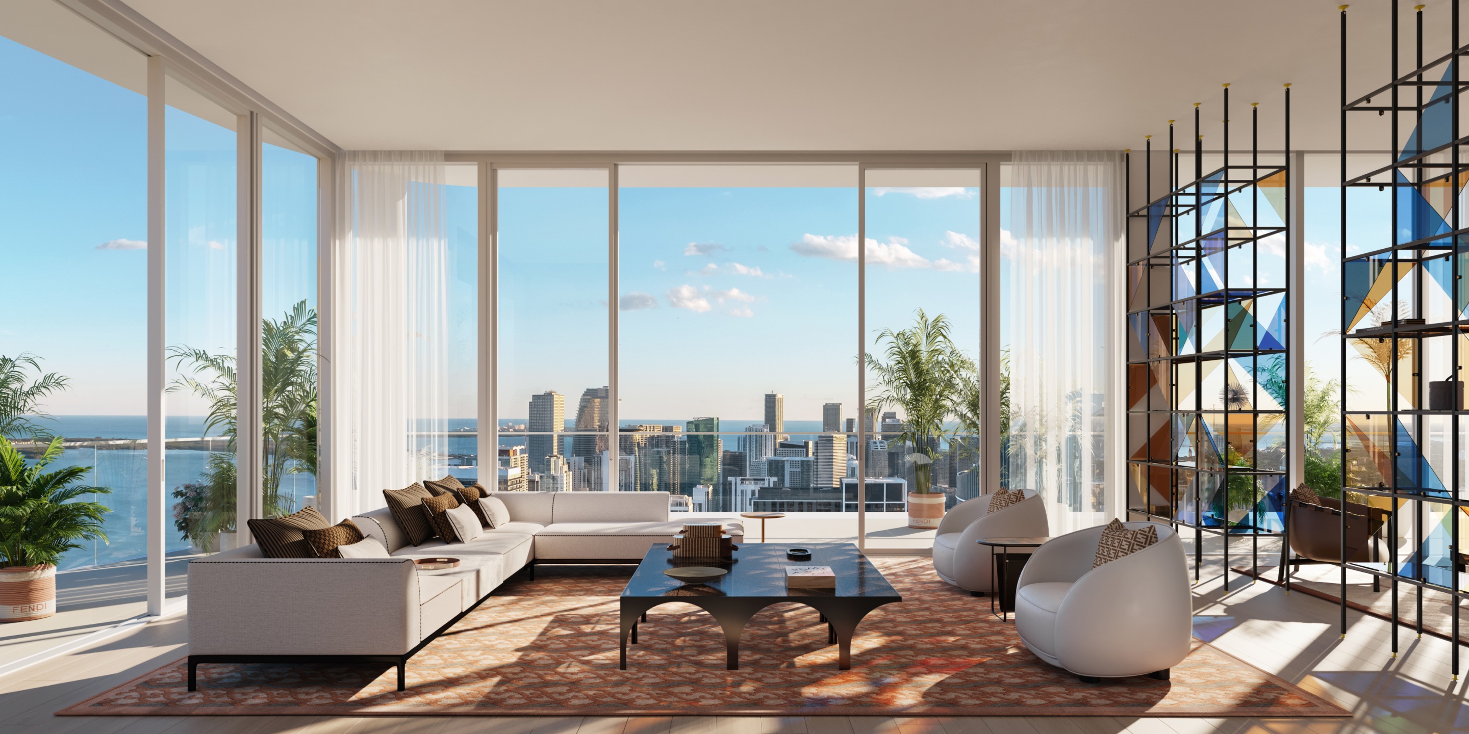 Interior view living room in Sky Villa in JEM building including floor to ceiling windows overlooking Miami cityscape