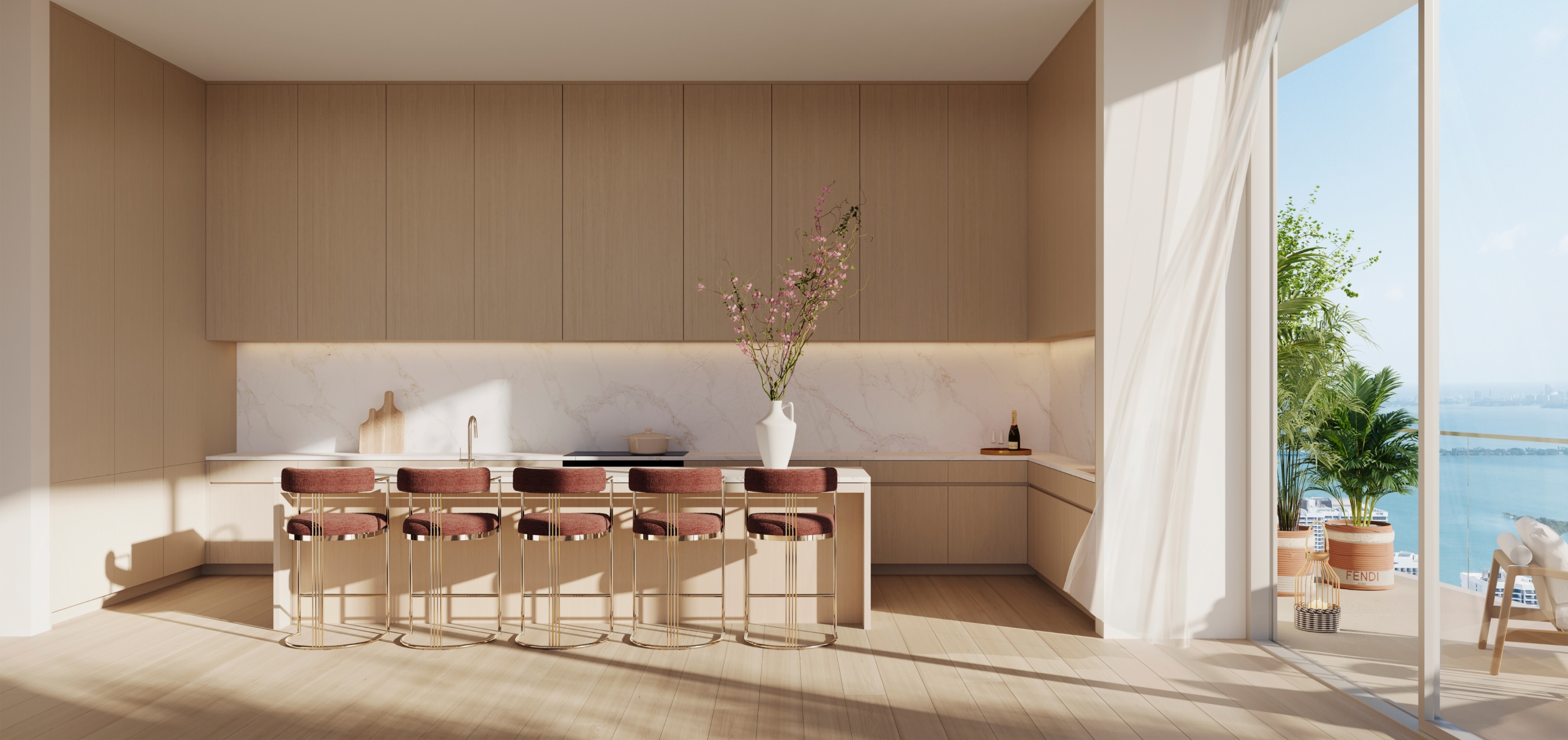Interior view kitchen with kitchen island and stools in Sky Villa residence in JEM building in Miami