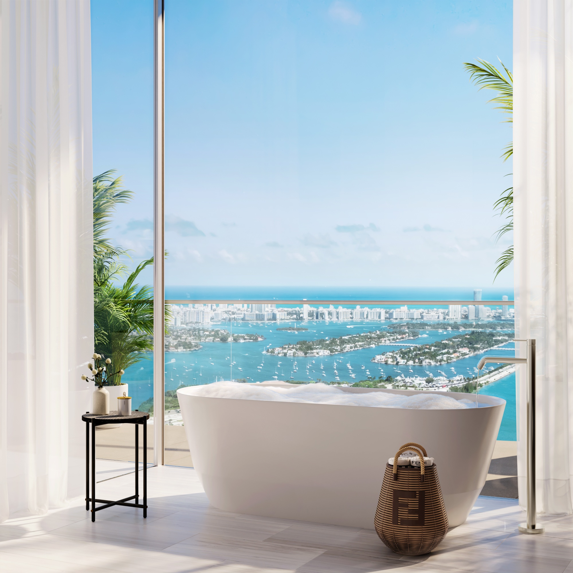 Interior view bathtub and bathroom in Sky Villa residence in JEM building in Miami