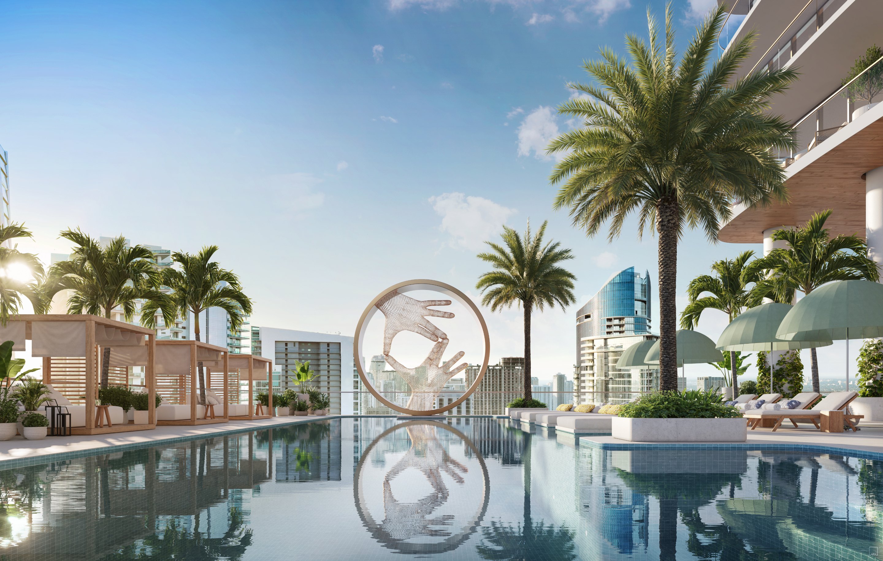 Front view of outdoor Miami pool with outside beds, a sculpture of two hands together