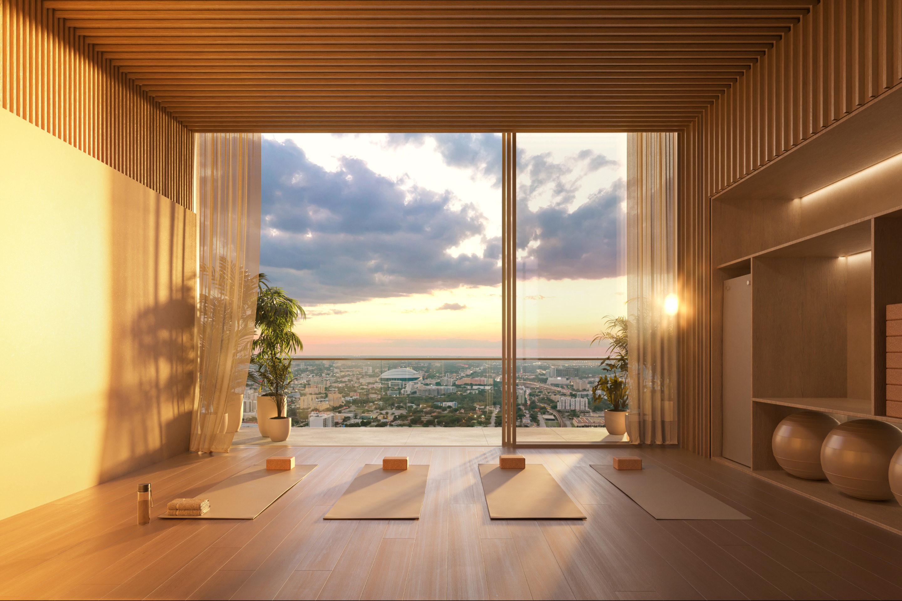 Yoga room with sweeping views
