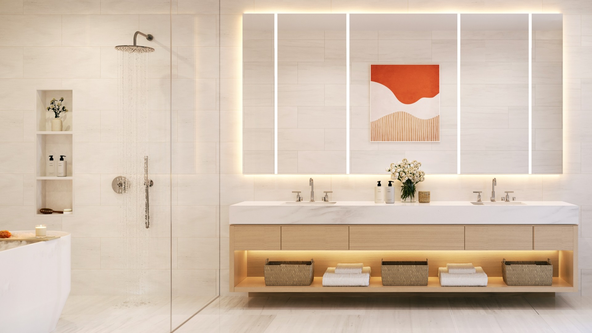 Modern bathroom with illuminated large mirror, double sink vanity with wooden shelves, woven baskets, shower with rain showerhead, and white freestanding bathtub.