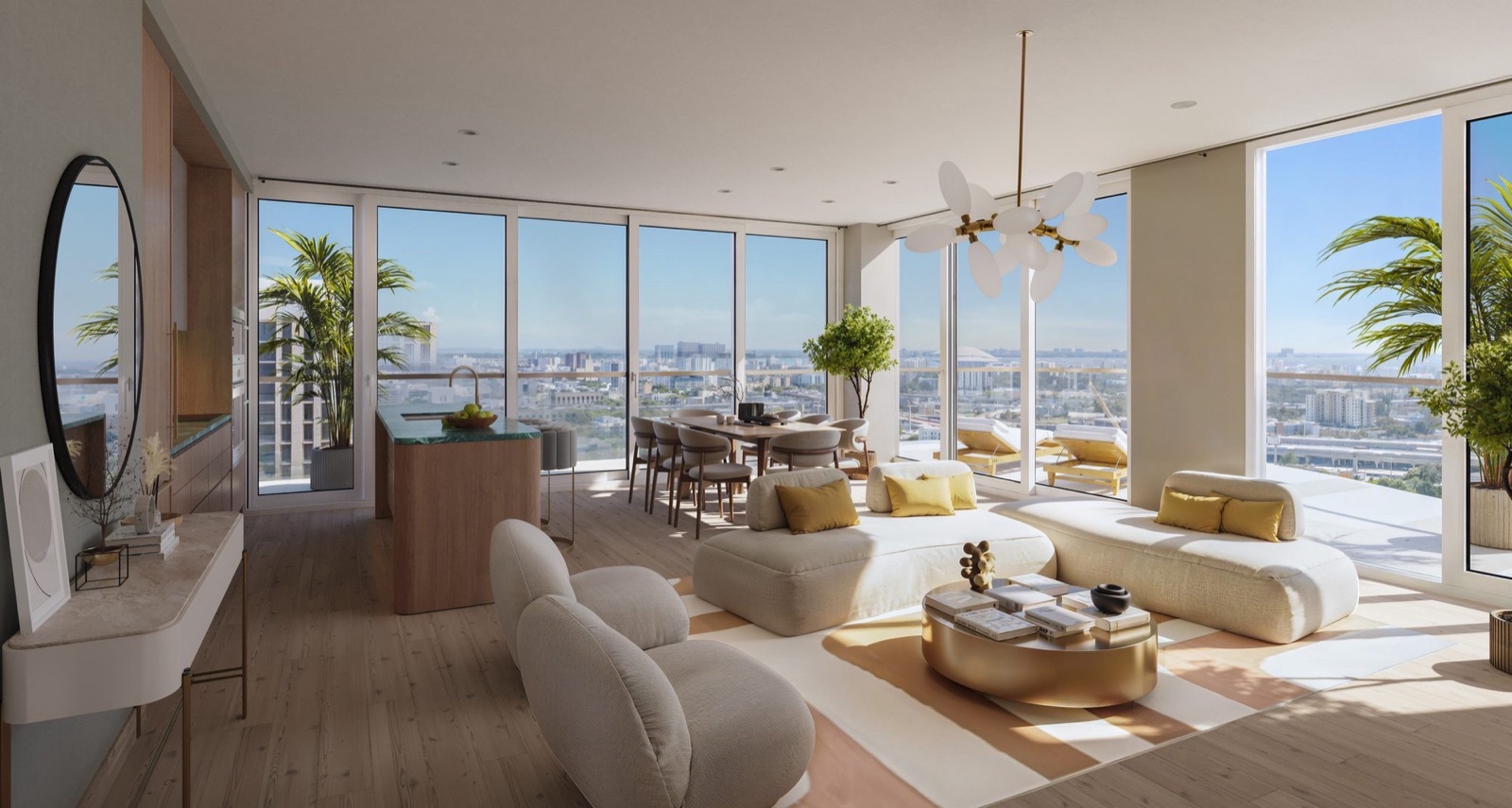 Corner residence — living, kitchen, dining and terrace
